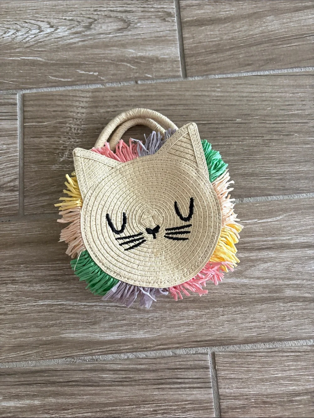 Kids Straw Cat Face Handbag with Multicolor Fringe